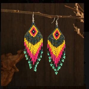 New,Handcrafted,Long,Beaded,Boho/Tribal/Western Style,Earrings in Vivid Colors💙
